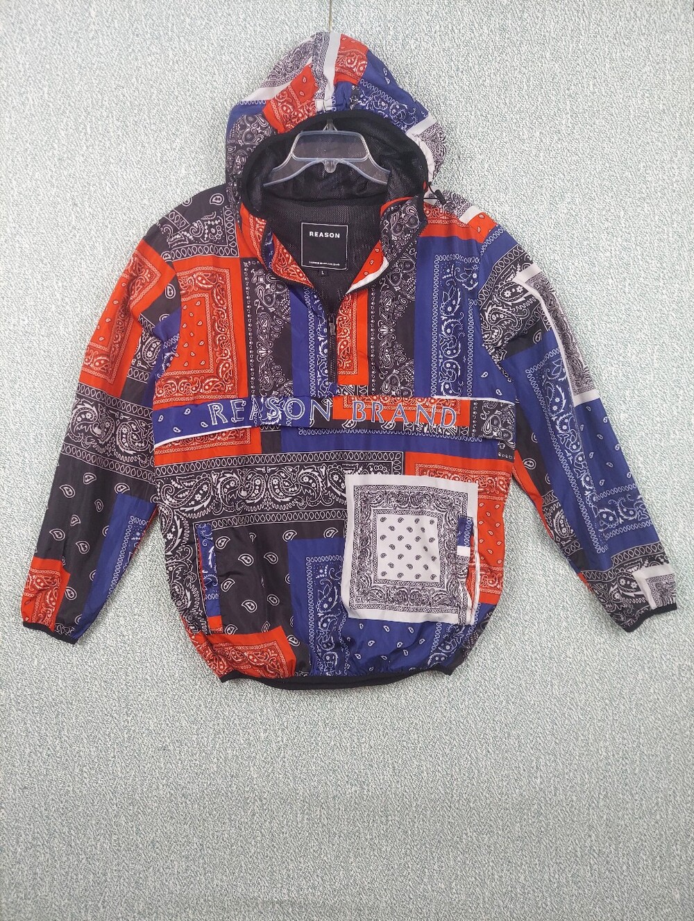 Reason Red and Blue Patchwork Hooded Windbreaker, Mens L